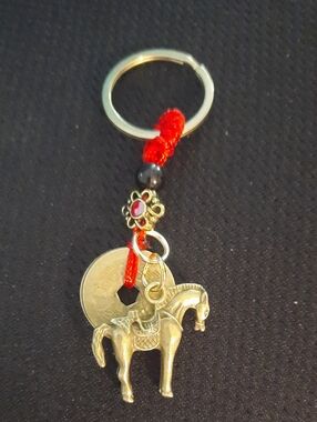 Gold Horse & Coin Keychain with Red Cord